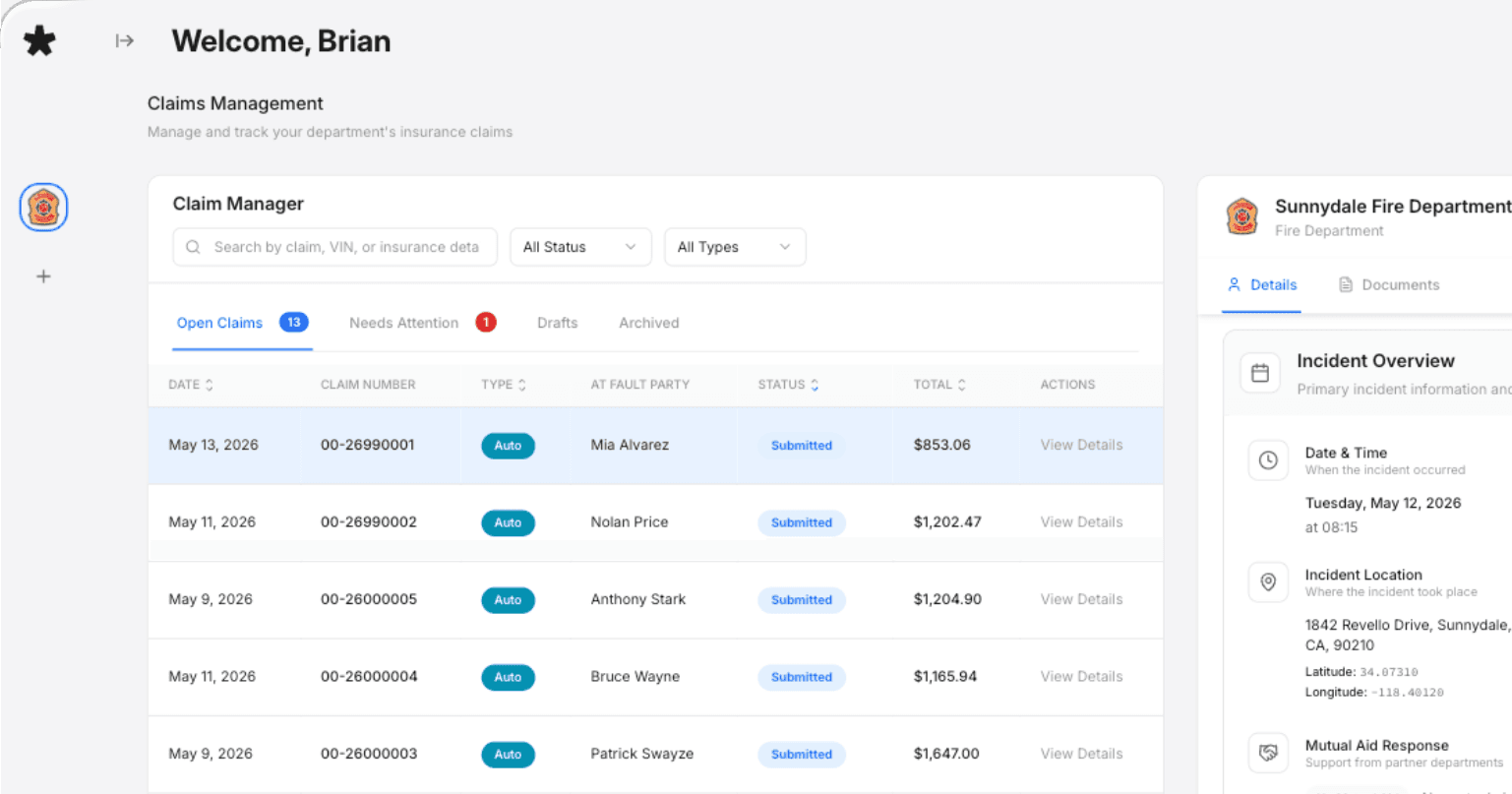 Onsite Fire Billing claim manager preview