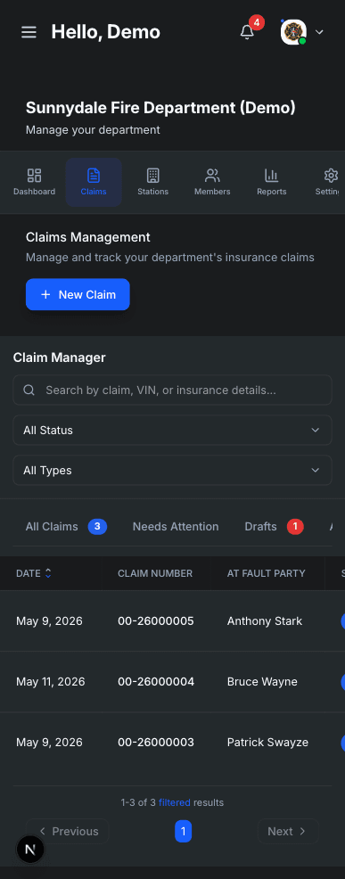 Onsite Fire Billing mobile claim manager dashboard
