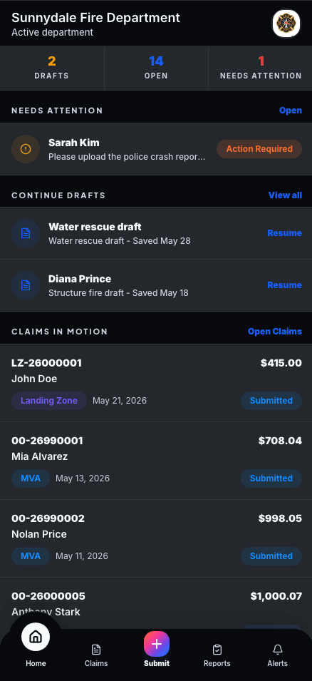 Onsite Fire Billing mobile claim manager dashboard
