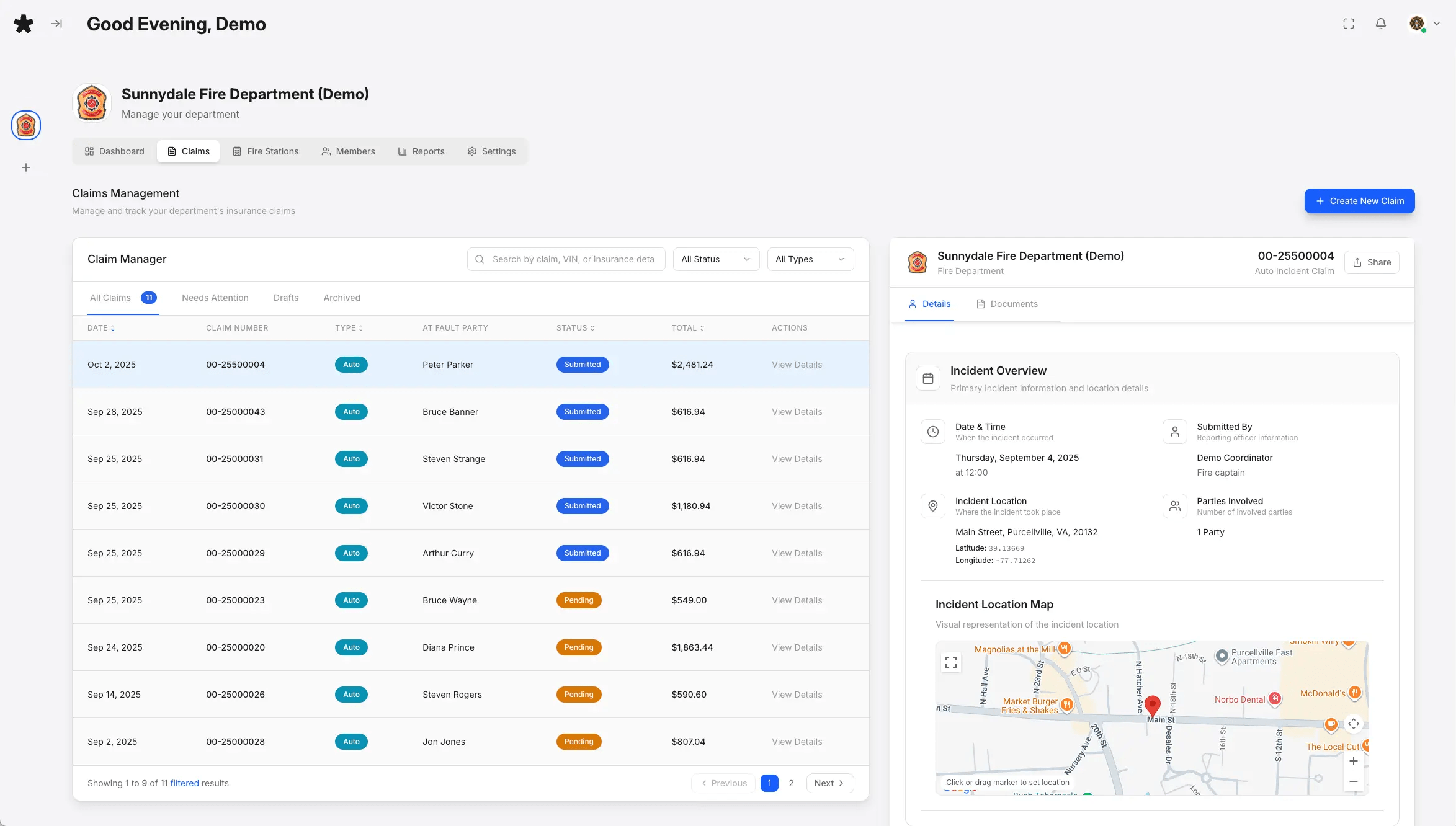 Onsite Fire Billing claims management dashboard